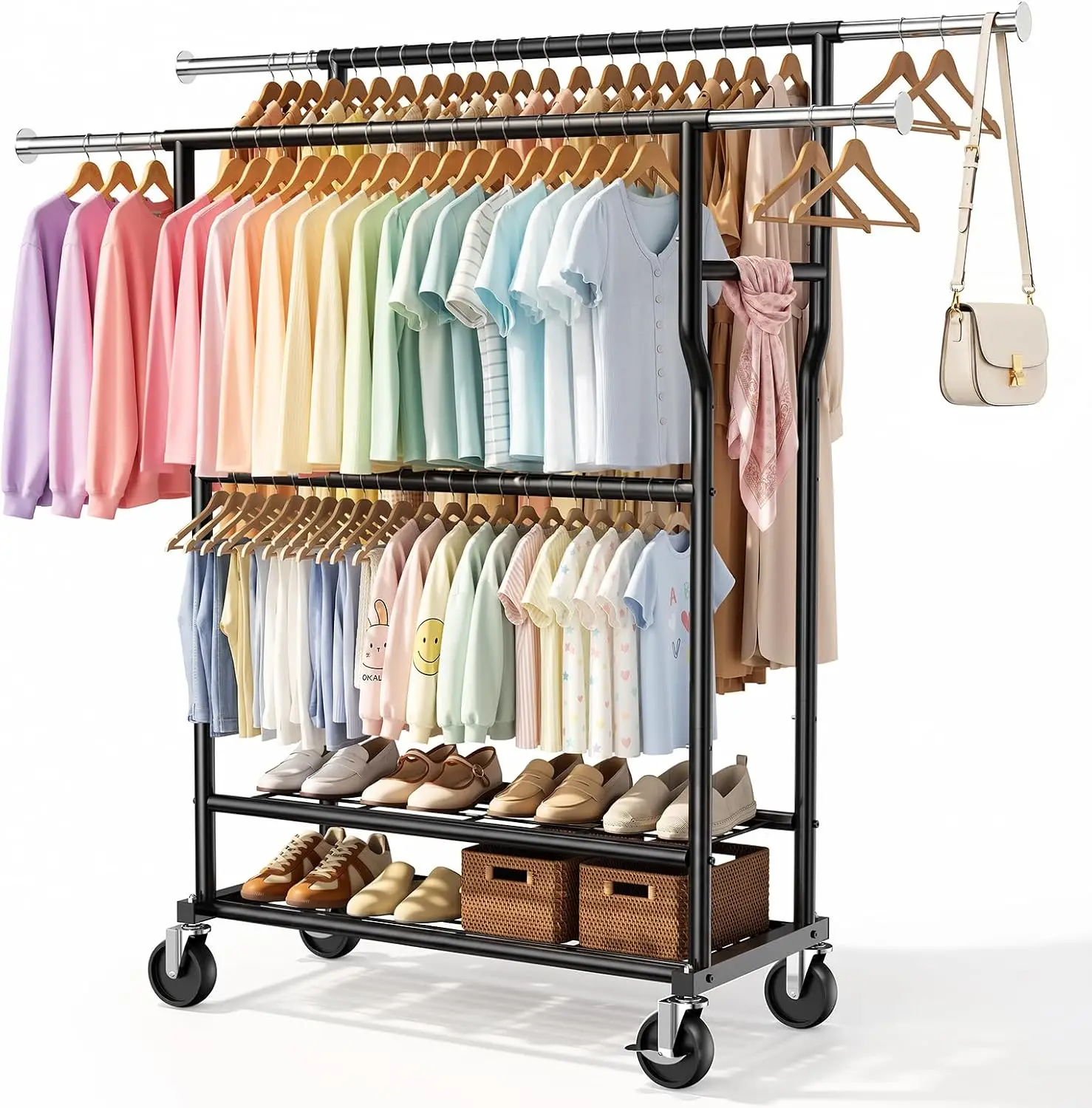 Heavy Duty Clothes Rack Load 960LBS, Adjustable Three Rods Rolling Garment Rack with Double-Layer Bottom Shelf, Portable Commerc