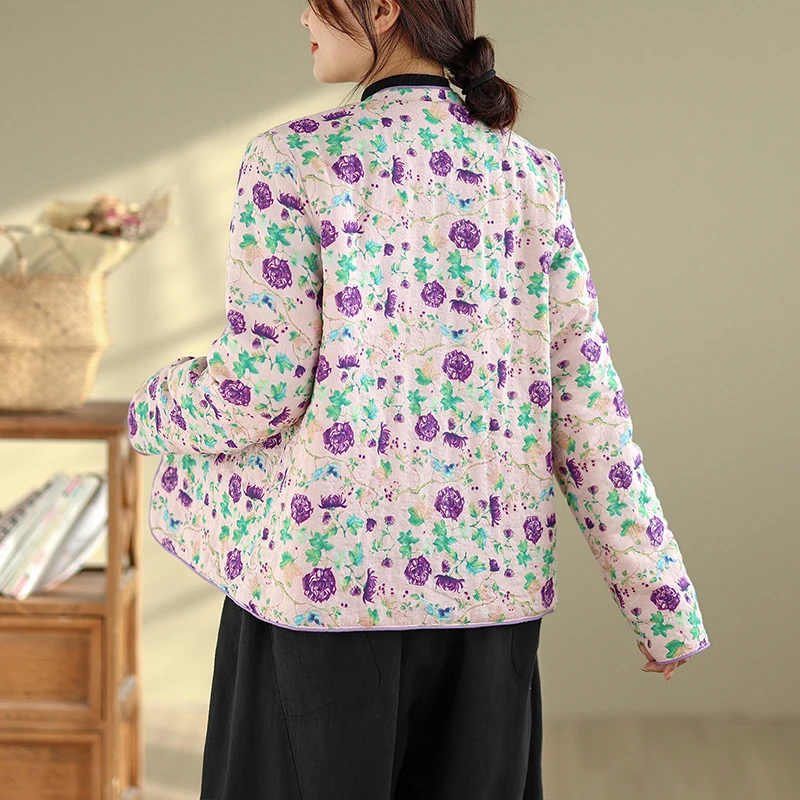سترة قطنية كبيرة الحجم للنساء بياقة مستديرة وأزرار وبطانة قطنية بنمط عرقي جديد على الطراز الصيني مع نقش زهري #2