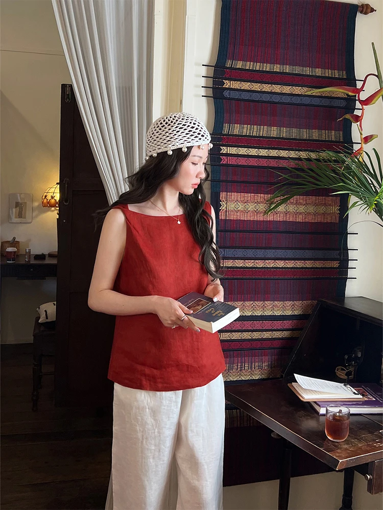 

Женский льняной топ с красным узлом, асимметричная свободная летняя футболка для похудения, круглая, стандартная длина, чистый цвет