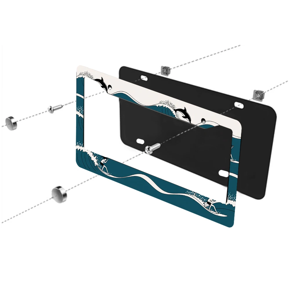 1pc azul surf golfinhos padrão 2 furos quadro da placa de licença, material de alumínio, 6x12 polegadas com kit de parafusos, carro retro novidade