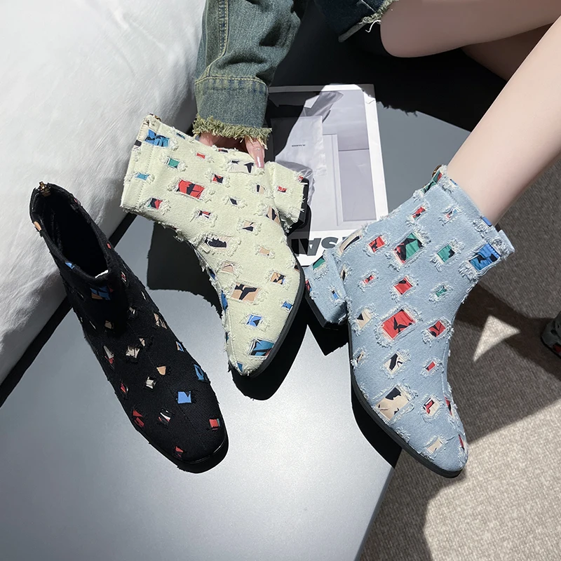 Women Ankle Boots Denim Blue High Heels Shoes Autumn 2026 Trend Designer Chelsea Boots Chunky Pumps Walking Dress Zapatos Mujer