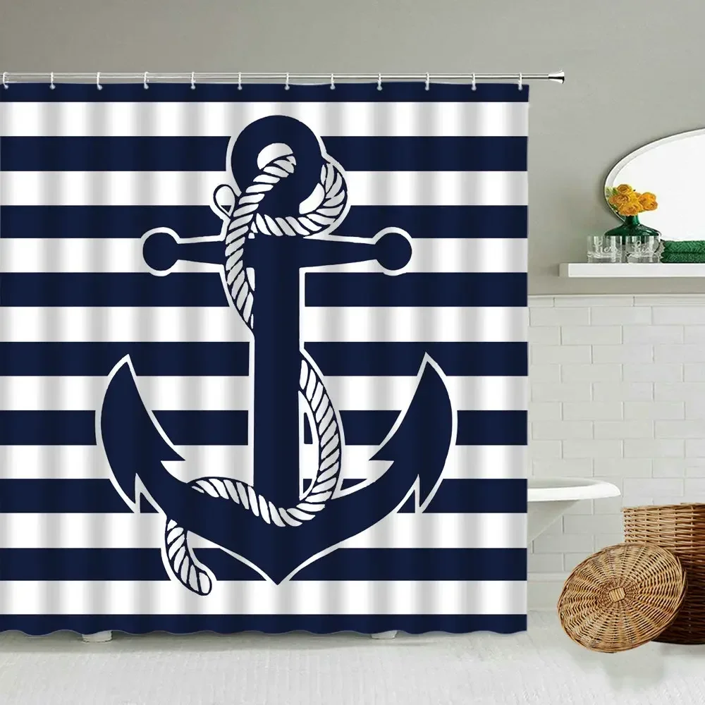 Cartoon Nordic Nautical Mediterranean Blue Anchor Pattern Printed Shower Curtain Kids Waterproof Polyester Shower Curtain