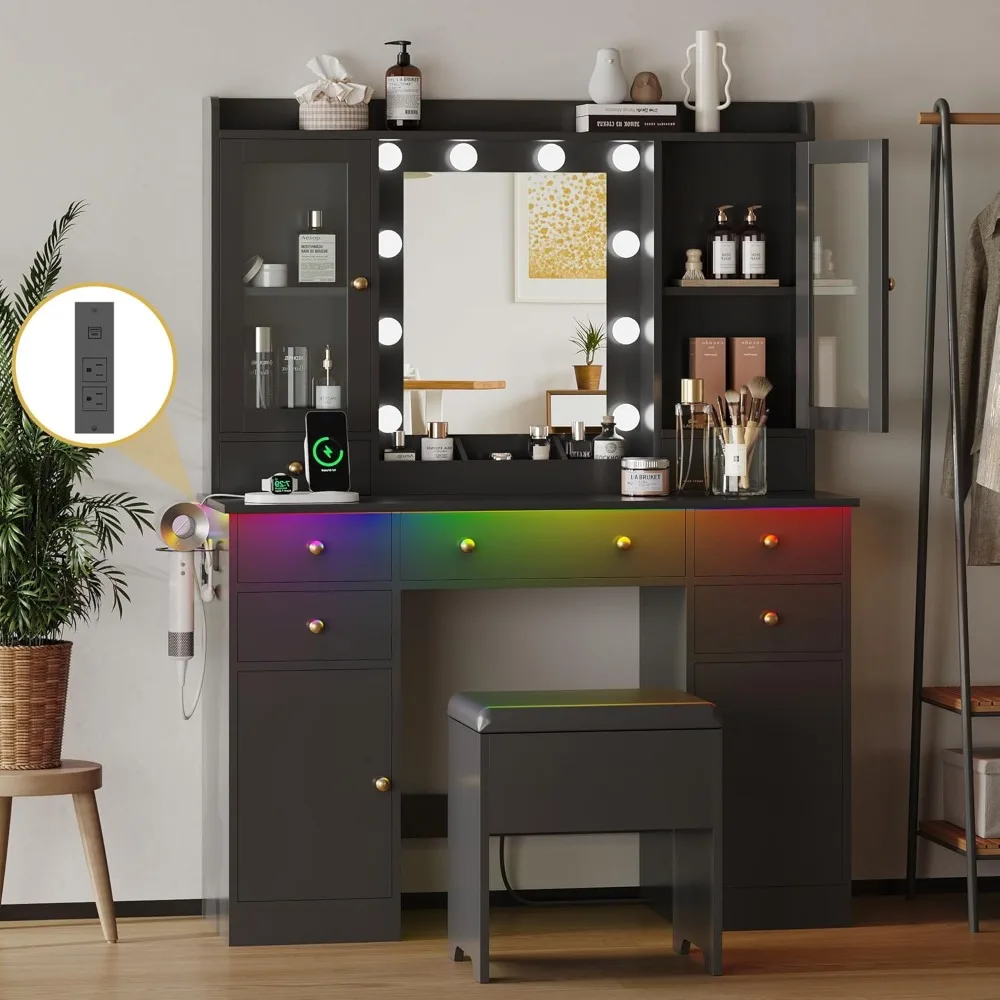 

Makeup Vanity Desk with Mirror and Lights, Black Vanity Table Set with Storage Drawers for Women Girls Bedroom Bathroom