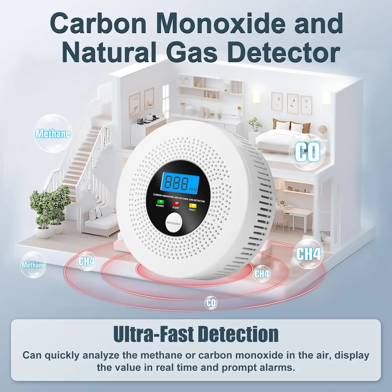 85dB Natural Gas Detector and Carbon Monoxide Detector with LCD Display and Sound Warning for Home, Garage