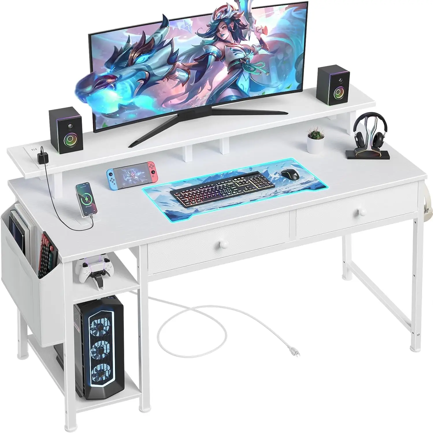 

White Computer Desk with Shelves and Drawers - 47' Home Office Desk with Monitor Stand, Power Outlet, RGB Gaming Desk
