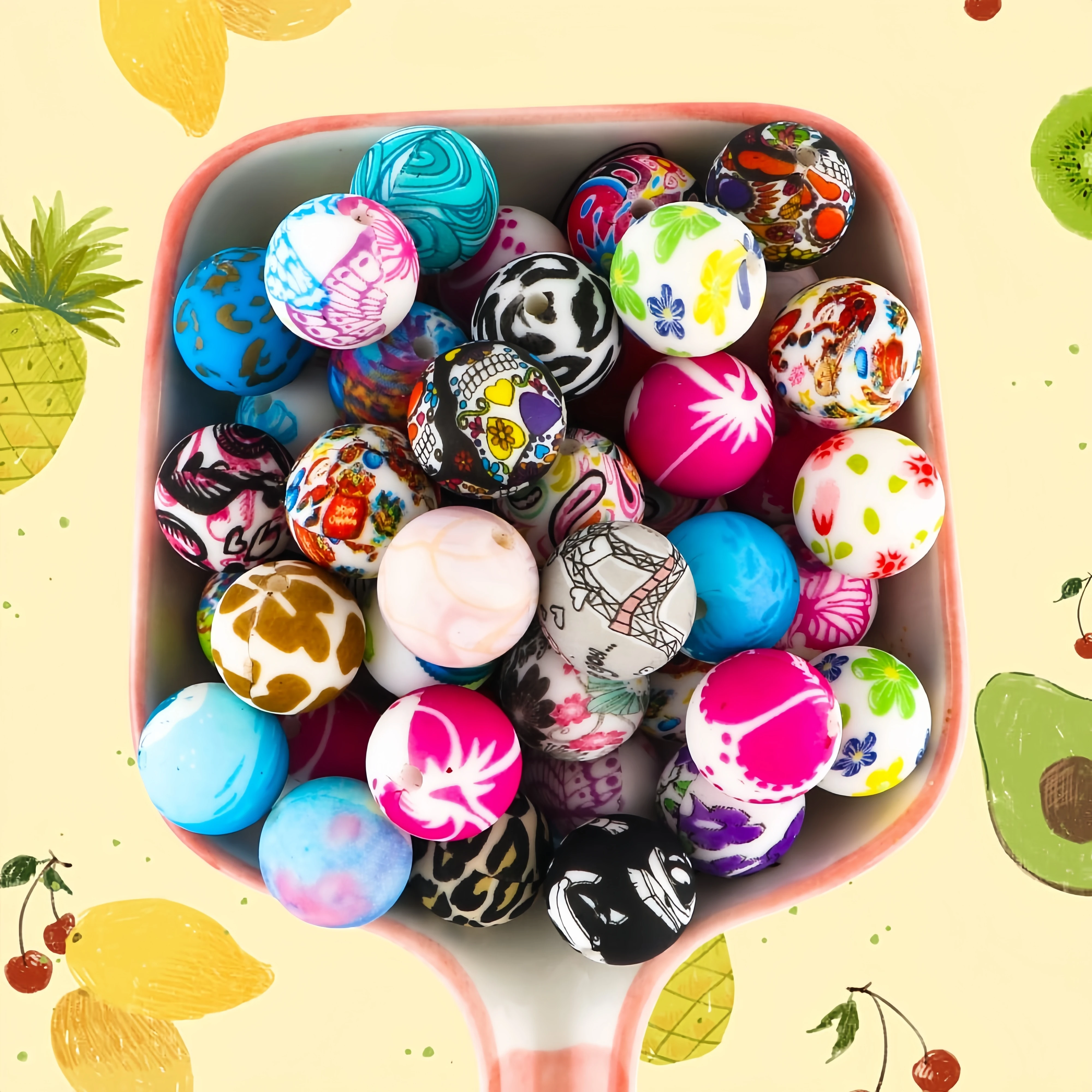 

50/100Pcs 15mm Silicone Printed Round Beads DIY Keychain Necklace Bracelet Accessories For Jewelry Making