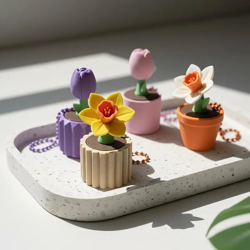 Tiny Potted Flower Fidget Charm, Eco-Friendly PLA 3D Printed Spring Floral Plant Style Decompression Backpack Decor Keychain