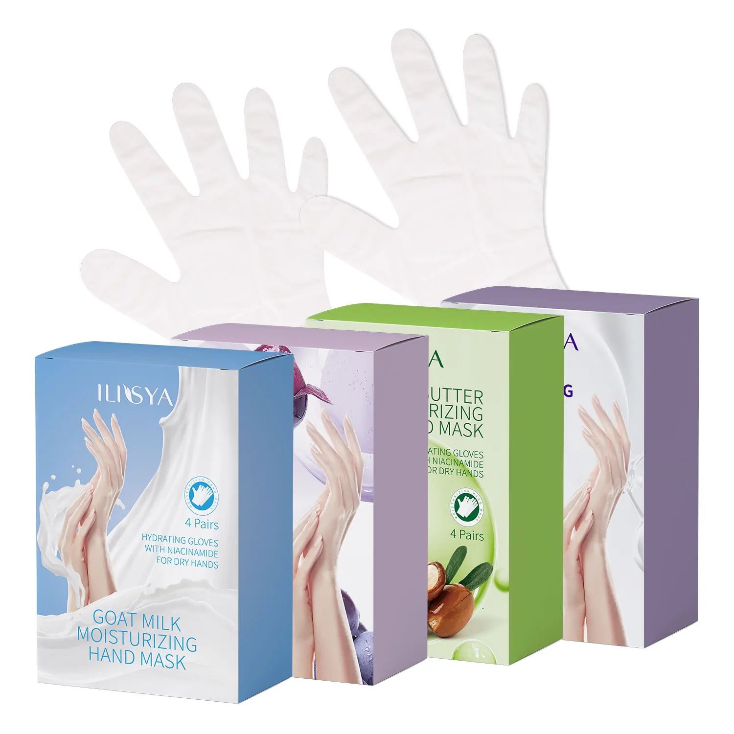 

4 Pairs Skin Relief Hand Mask Moisturizing Gloves with Shea Butter/Grape Seed/Lavender /Goat Milk for Dry Skin