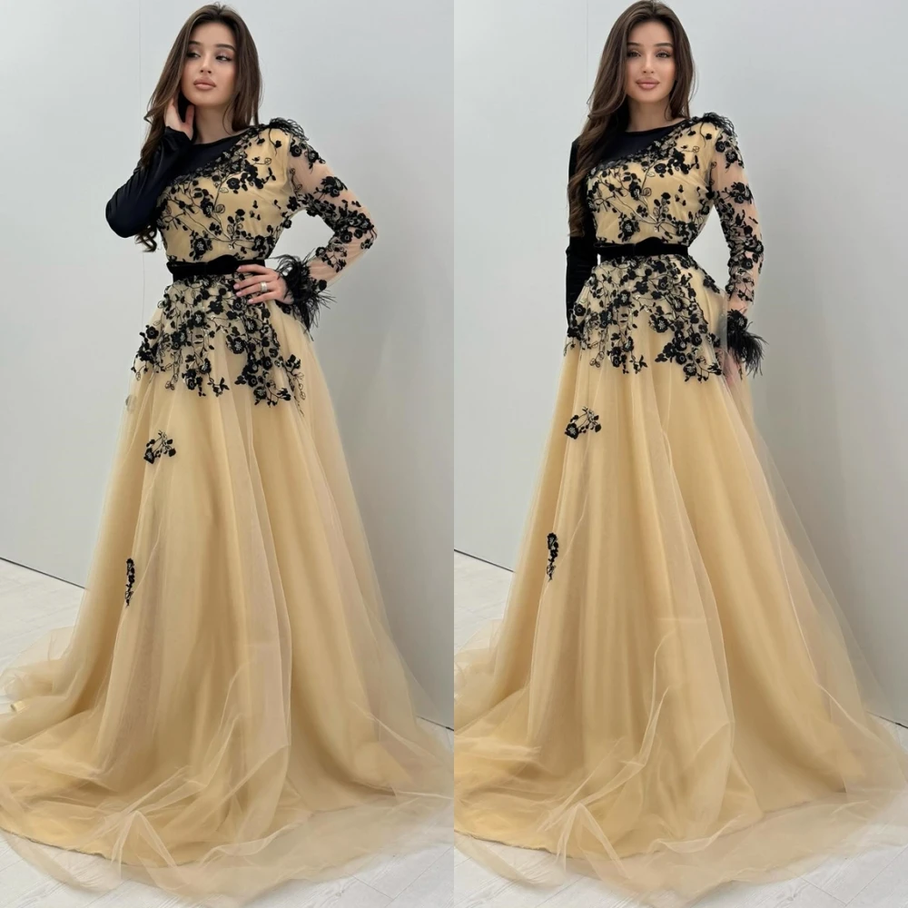 

Customized Formal Tulle O-Neck Evening Dress Delicate Long Sleeves Prom Dresses Formal Sweep Train Special Occasion Gowns