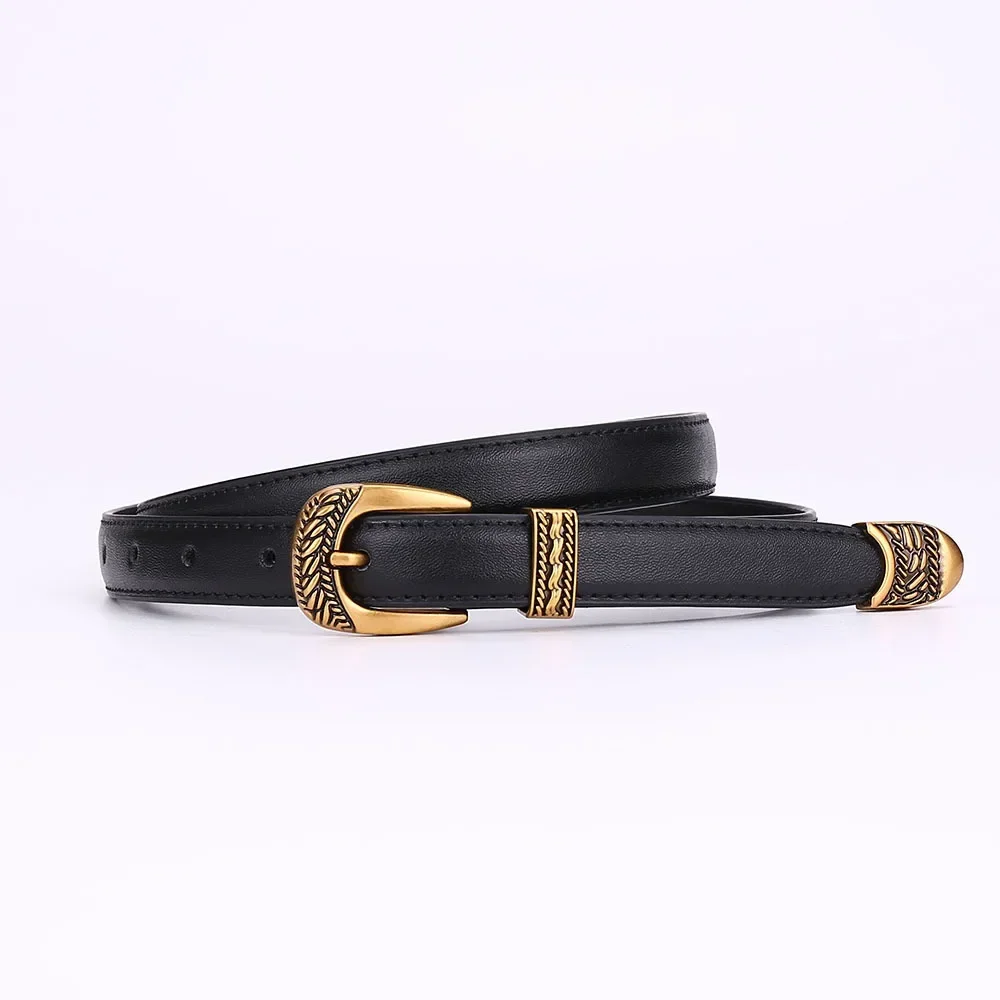 

Luxury Retro Carved Buckle Fashionable Belt Women's Brand Needle Buckle Versatile Black European and American New Belt