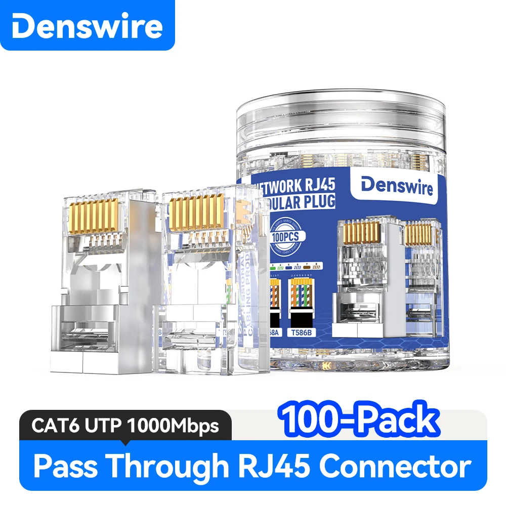 

Denswire 100-Pack RJ45 Cat6 Pass-Through Connectors, UTP Crimp Modular Plugs, 3-Prong for Solid and Stranded Cable, 8P8C Design