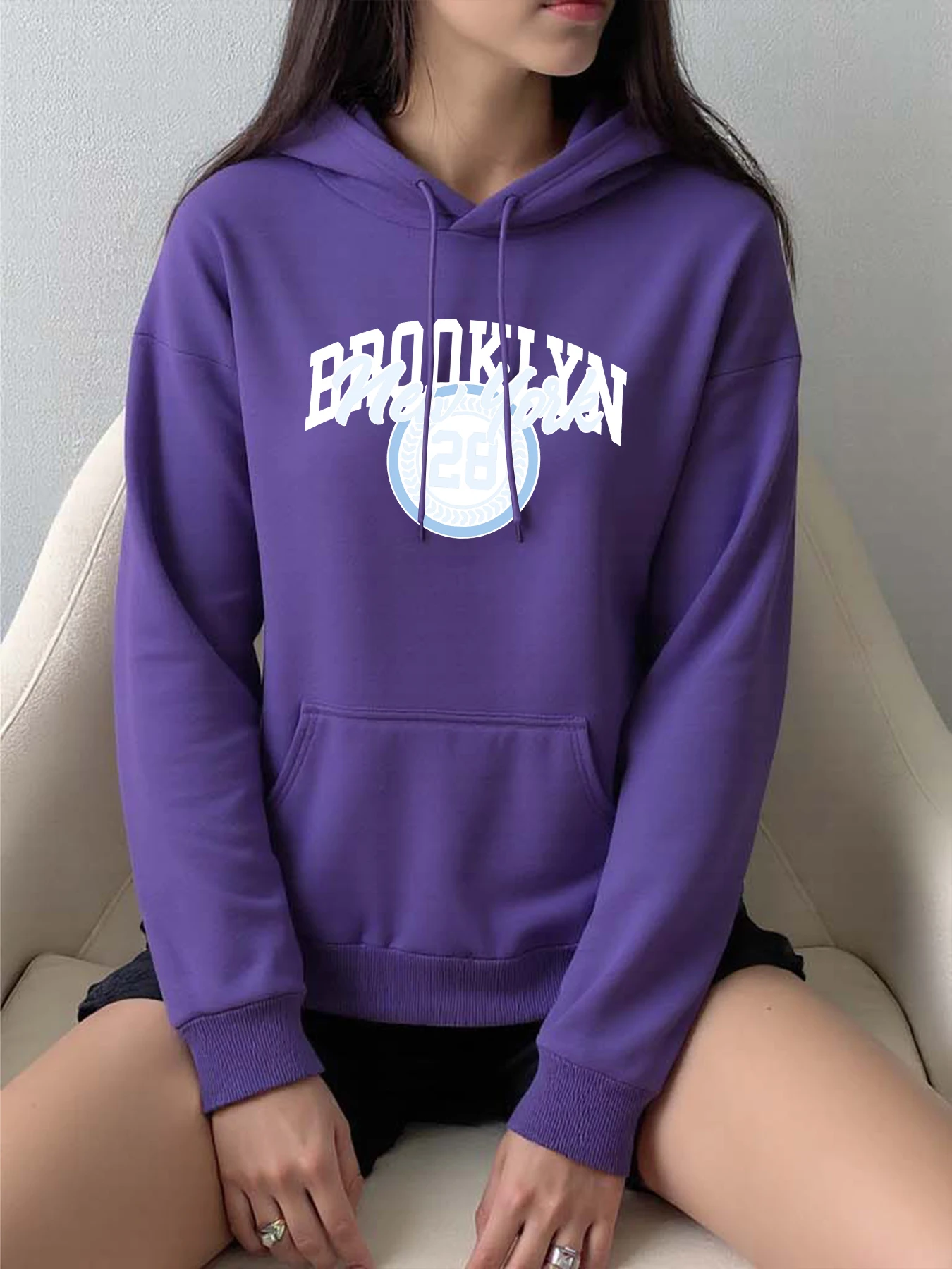 

Brooklyn New York Art Letter Number 28 Design Women Hoody Autumn All-Match Pullover Casual Loose Hoodie Fleece Pocket Streetwear