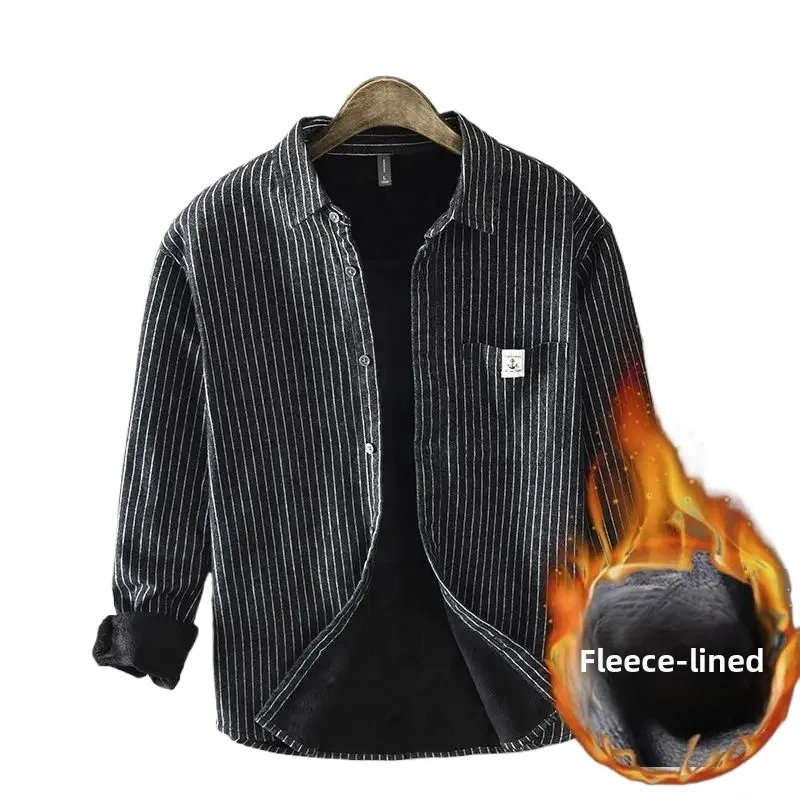 

Autumn Winter Men Casual Vertical Stripes Plus Velvet Shirt Cotton Long Sleeve Comfortable Daily Tops Button Down Shirts Coat