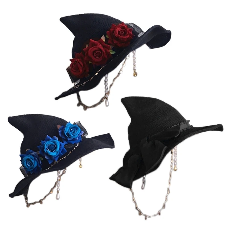 

Women Vintage Pointy Witch Hat with Roses Bowknot Gothic Unisex Halloween Wizard Cap Masquerade Party Decor Cosplay Photo Props