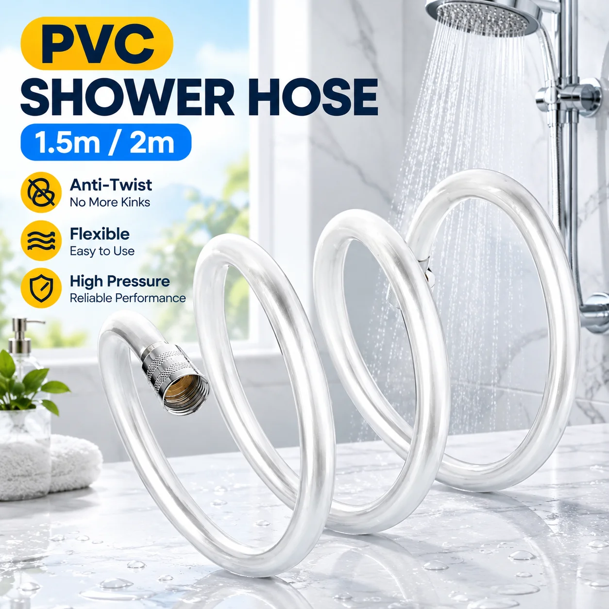 PVC Shower Hose 1.5m/2m G1/2 Universal Anti-Twist Flexible High Pressure Bathroom Pipe