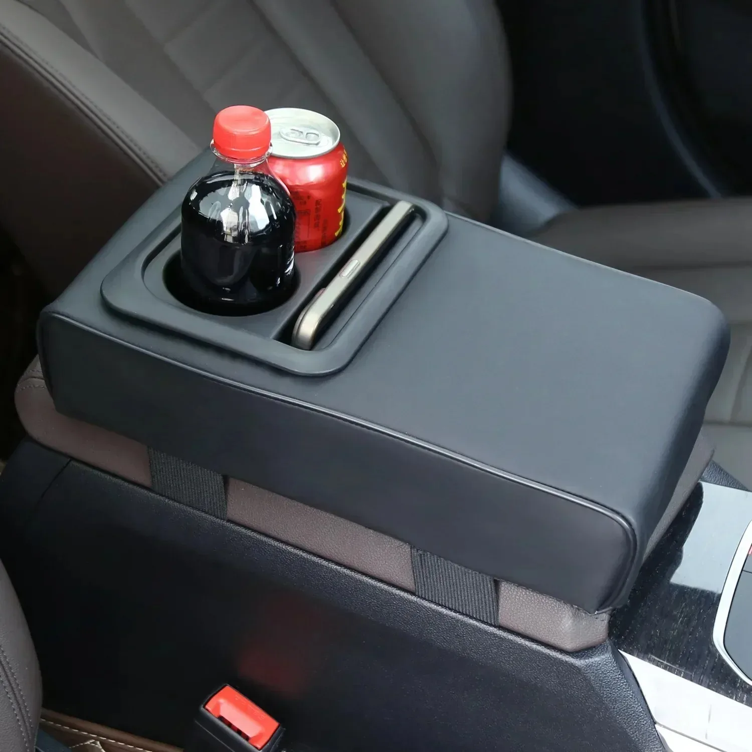 Car Armrest Cushion with 2 Cup Holders PU Leather Center Console Arm Rest Pad Portable Auto Pillow Heightening Cover Universal image 2