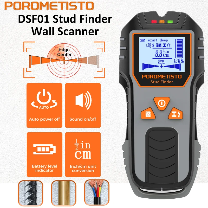 

POROMETISTO-DSF01 6-in-1 Wall Detector Stud Finder Precision Positioning Hole AC Live Cable Wires Metal Wood Stud Wall Scanner