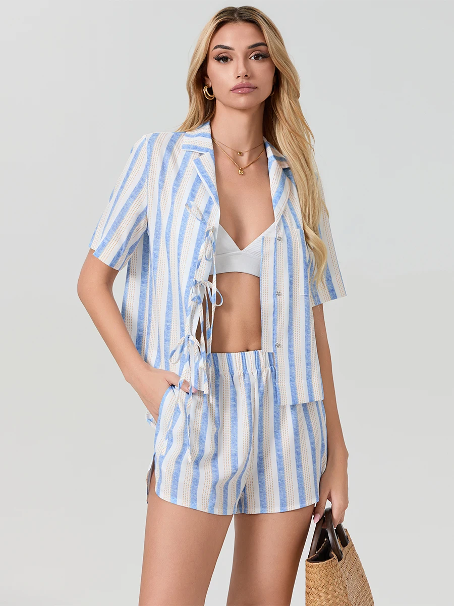 wsevypo Women's 2 Piece Beach Outfits Solid/Striped Short Sleeve Lapel Neck Tie Up Shirts+Elastic Band Shorts Lounge Streetwear