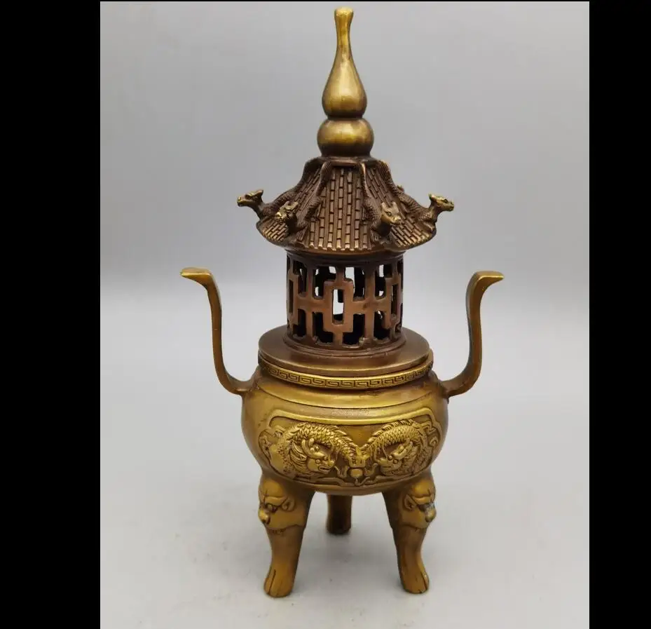 

A pure copper double dragon pearl tower incense burner