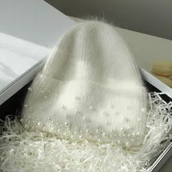 Hat Women Winter Beanie Angora Knit Pearls Warm Accessory For Cold Weather Autumn Sports Skiing Outdoor Holiday