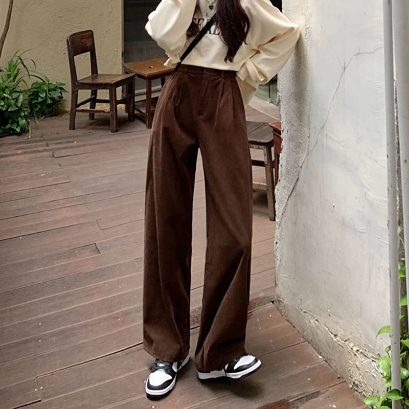 Vintage Corduroy Pants High Waist Spring coffee Straight Trousers Causal Pockets All Match Female Black Korean Pants