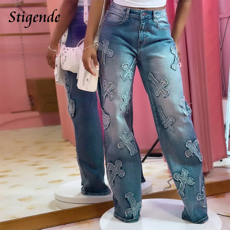 Stigende Patchwork Cross Jeans Y2k Women Wide Leg Ripped Denim Pants Stretch Distressed Jeans