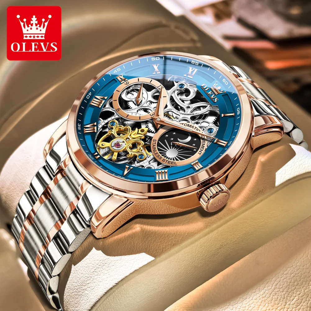 

OLEVS 6670, автоматические механические наручные часы для мужчин, водонепроницаемые оригинальные мужские наручные часы со скелетом и фазой Луны