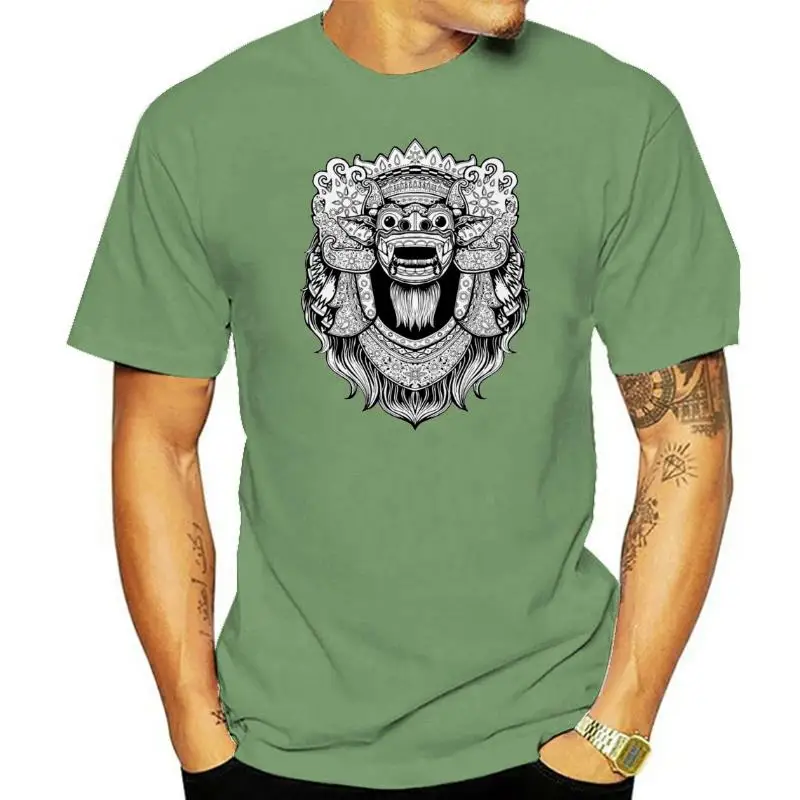 Short Sleeve Men T-shirt Indonesia Mythology Barong Black White Cotton Top T Shirt O-neck Cool Lion Cartoon Print