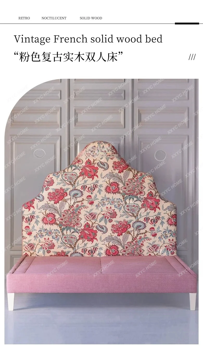 Pink Floral Print Double Bed Vintage Solid Wood Princess Bed Master Bedroom Fabric Storage Ottoman Bed