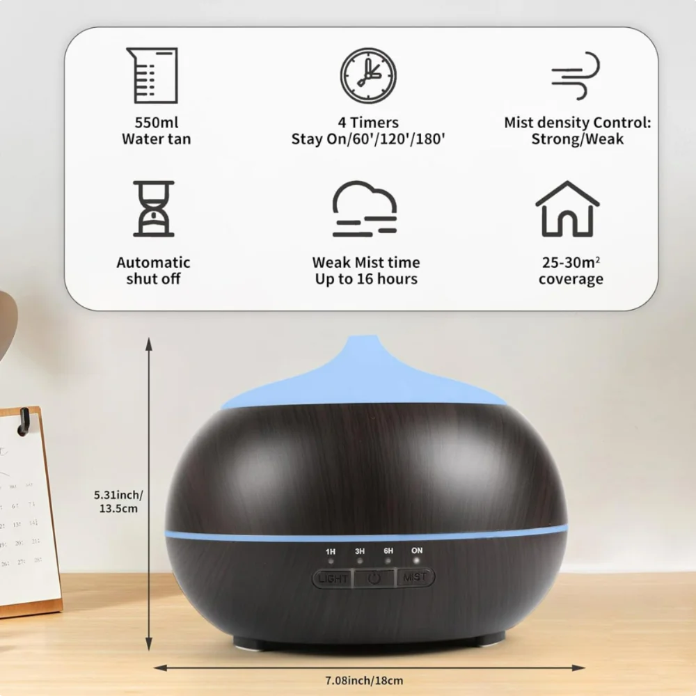 550ML Essential Oil Diffuser  BPA Free Ultrasonic Aromatherapy Diffuser, with 7-Color Lights Waterless Auto Shut Off for Home、