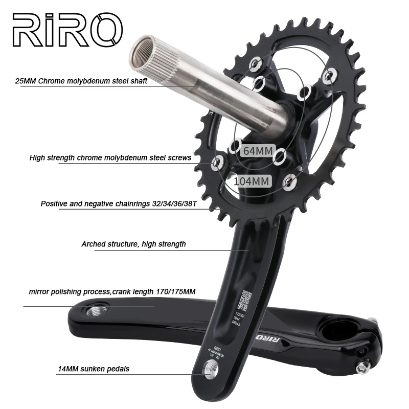 RIRO XT 104BCD Bicycle Crankset 170mm Bike Crank Aluminum Alloy Chainring 32T 34T 36T 38T With Bottom Bracket 175mm MTB Crank