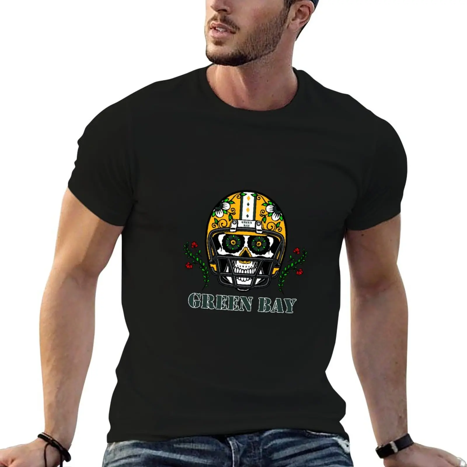 

Green Bay Football Helmet Sugar Skull Day Of The Dead T-Shirt cotton t shirt pack cotton t shirt man T-Shirt