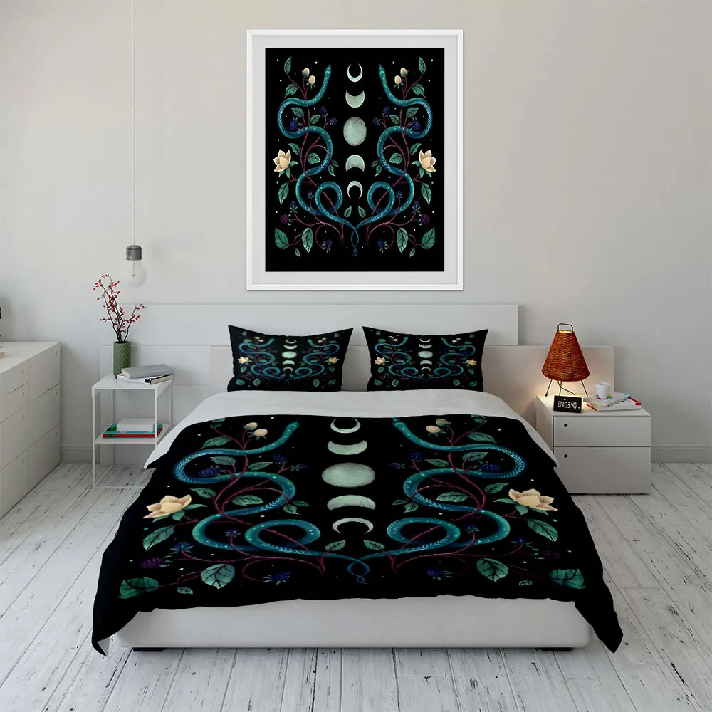 Mysterious moon phases, snakes, and plants Print Soft Comfortable Duvet Cover Bedding Set Included 1*Duvet Cover  2*Pillowcases