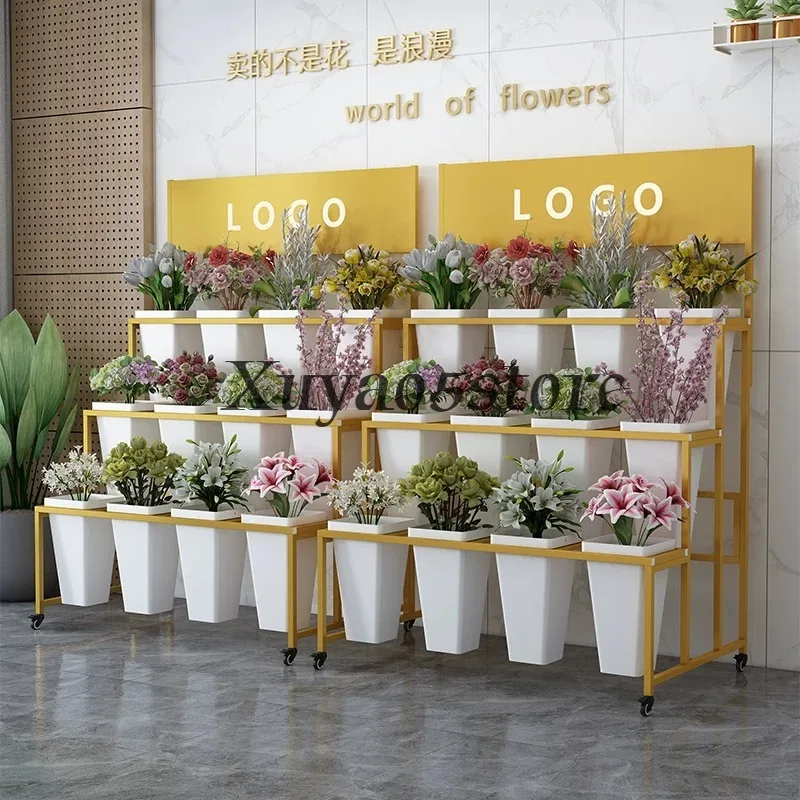 Flower Shop Plastic Flower Barrel Rack Indoor and Outdoor Wheel Removable Wrought Iron Light Luxury Display Rack