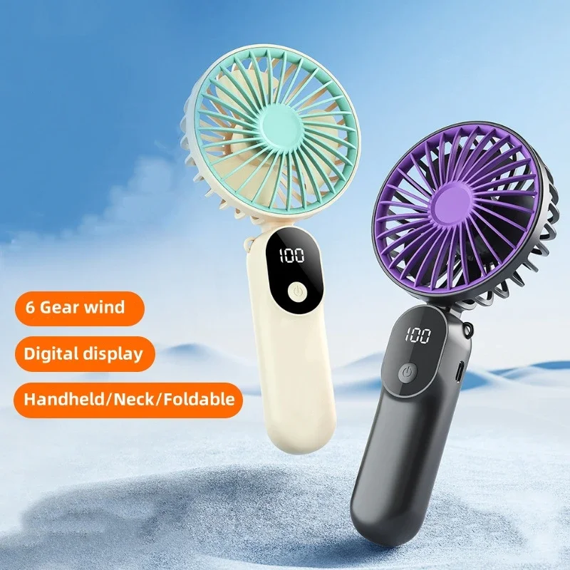 Handheld Mini Fan Foldable Portable Neck Hanging Fans  Speed USB Rechargeable Fan with Stand and Display Screen