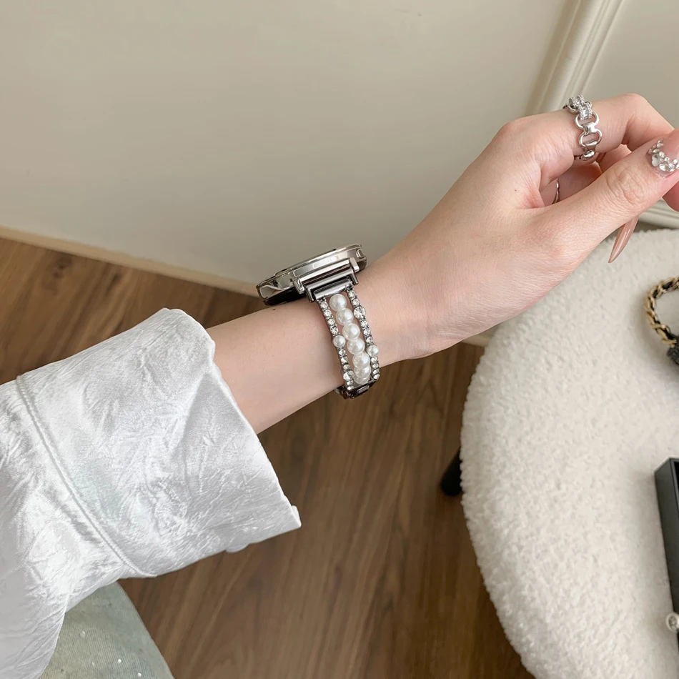 Cinturino per orologio da 18/20/22mm per Samsung Galaxy Watch 8 Ultra 2 7 6 5 4 Classic Huawei GT 5 4 3 Pro 41mm 46mm Cinturini in metallo con zirconi perlati