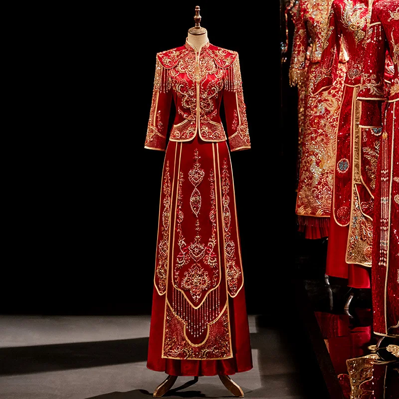 Robe de mariée en satin Cheongsam pour femmes, glands perlés, paillettes de style chinois, vêtements financiers, Qipao