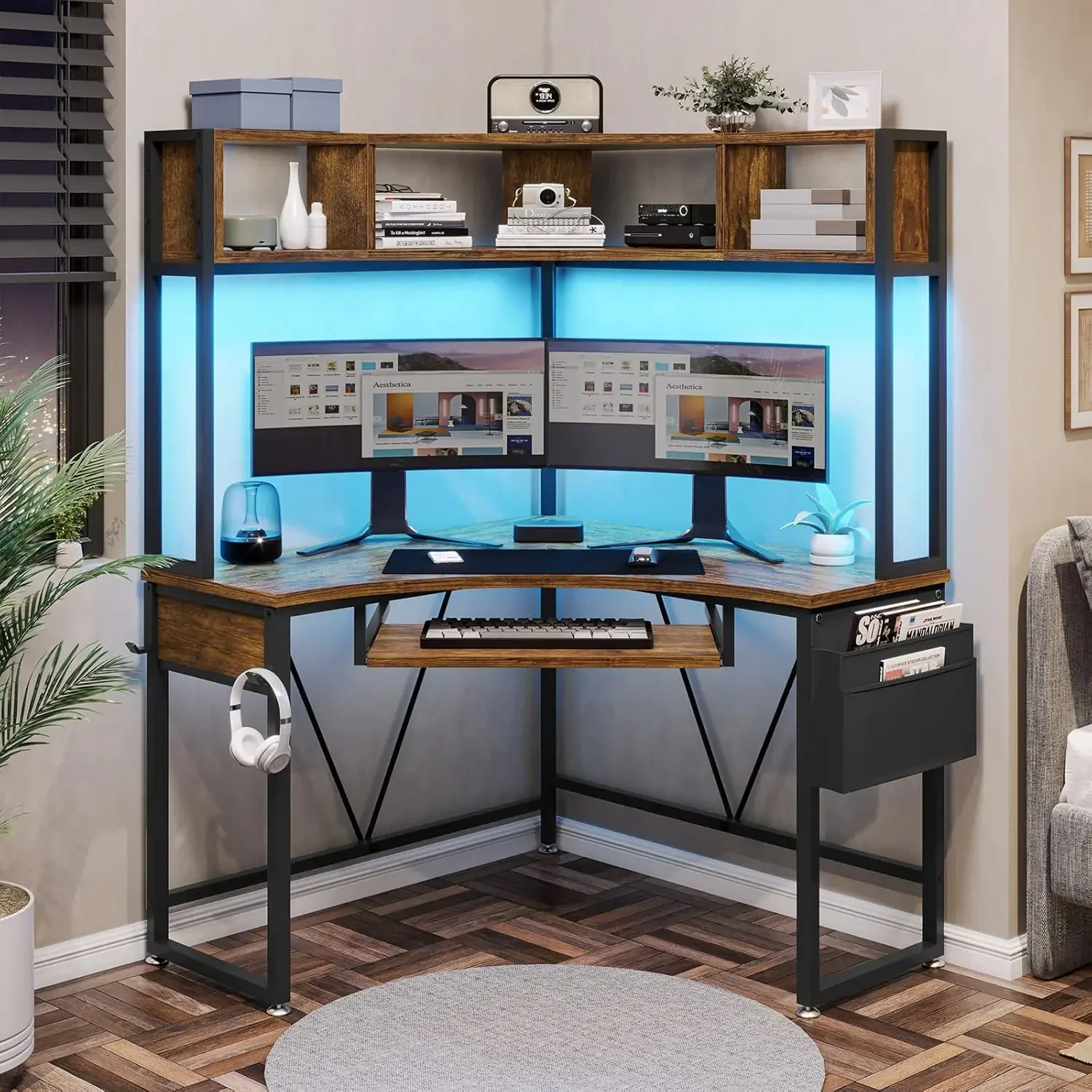 Corner Desk, Small Computer Desk with Hutch & LED Lights, Triangle Corner Computer Desk with Keyboard Tray