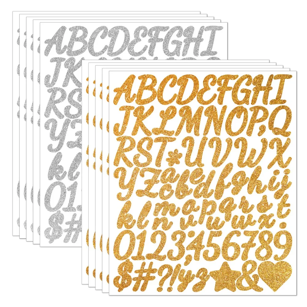 5 Sheets English Letter a-Z Glitter Letter Stickers 2/1.5 Inch Self Adhesive Alphabet Big Letter Stickers Heart Gold