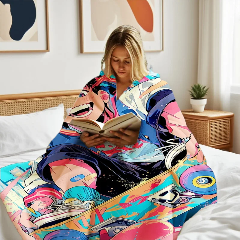 قطعة واحدة من بطانية رمي لوح التزلج من الرسوم المتحركة - أريكة خفيفة الوزن لجميع المواسم، سرير، بطانية للتخييم والسفر - نسيج بوليستر ناعم