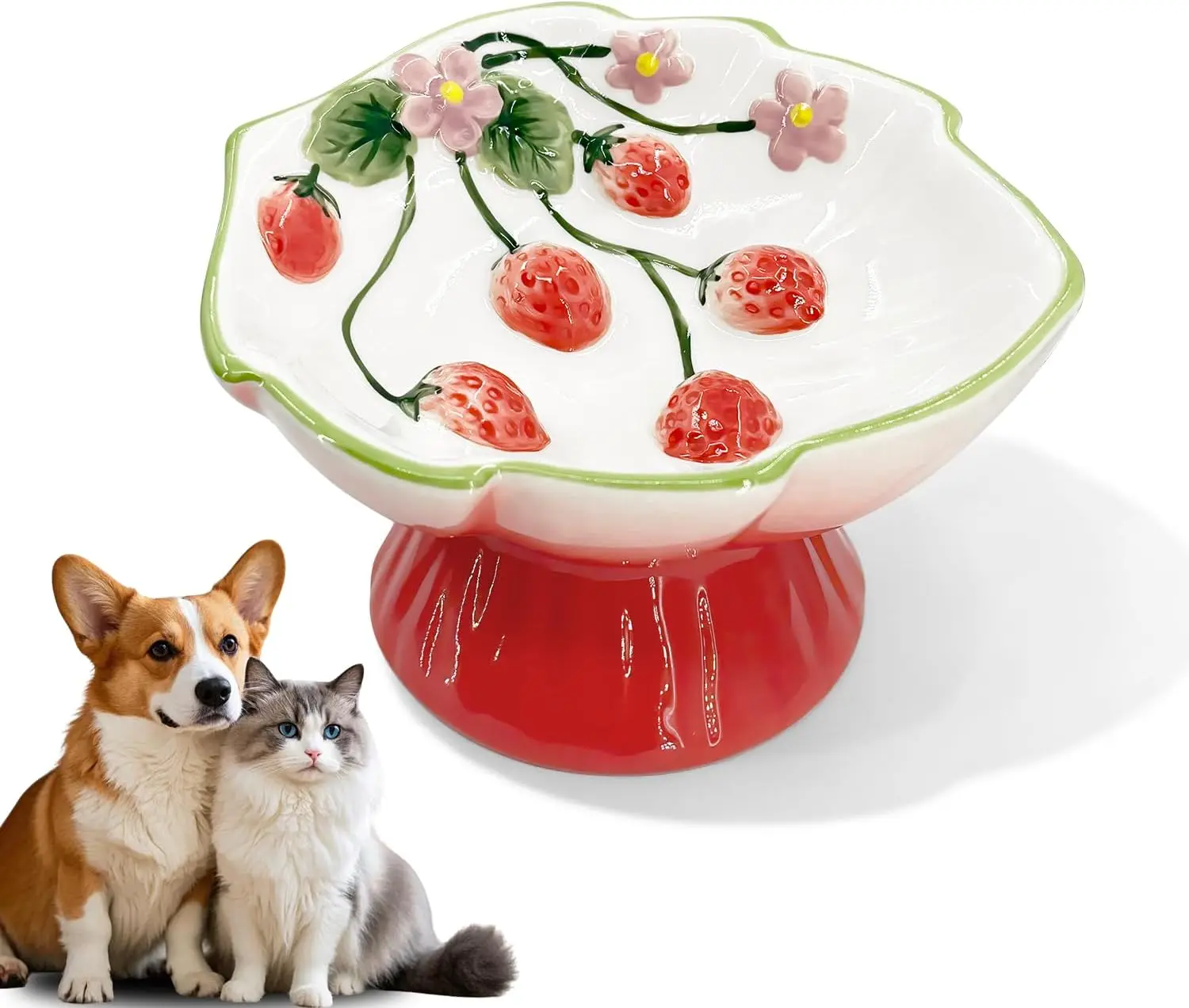 Ceramic Strawberry Elevated Cat Bowls Tilted Raised Pet Dish Anti Vomit Spine Protection Whisker Friendly Excellent Raised Food