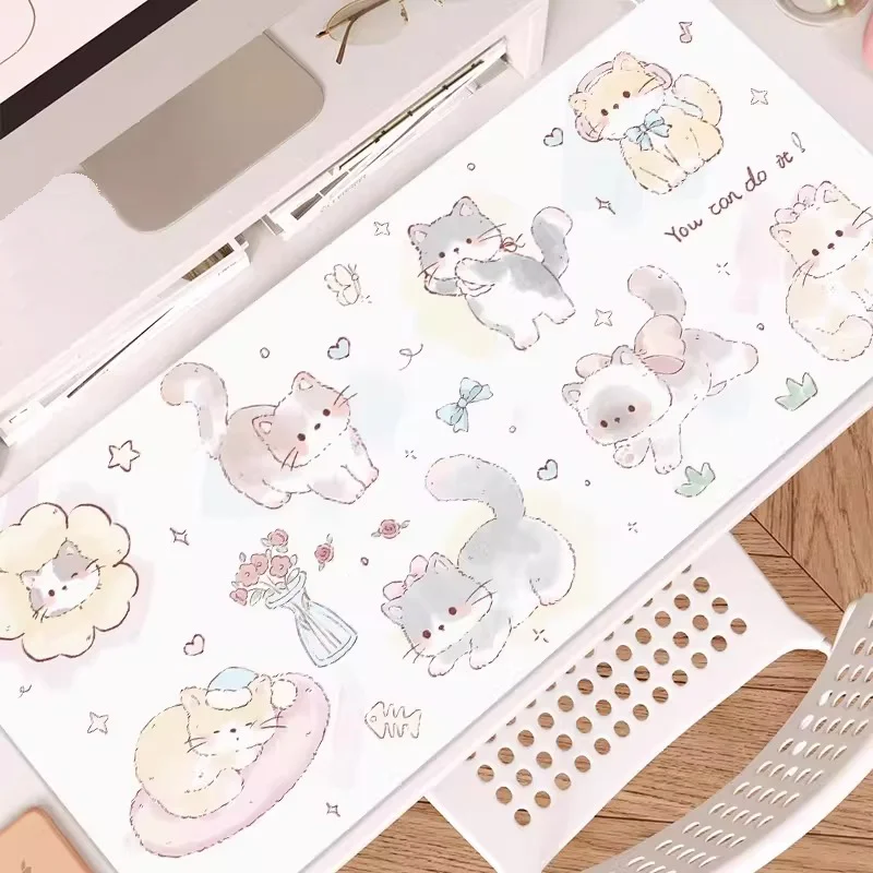 

Cute Cat Blue Bow Paw Large Size PU leather Mouse Pad Double-Sided Waterproof Simple Dirt Resistant Office Desk Decoration