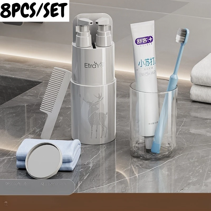 8PCS/SET Plastic 8-in-1 Toiletry Cup Dispenser Tooth Cup Comb Mirror Combo Business Trip Outdoor Travel Bathroom Organizer Kit
