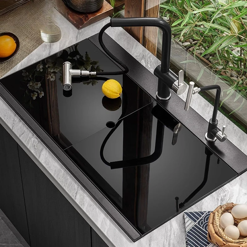 

Quartz stone sink kitchen invisible large single sink vegetable basin hidden sink cover pull faucet