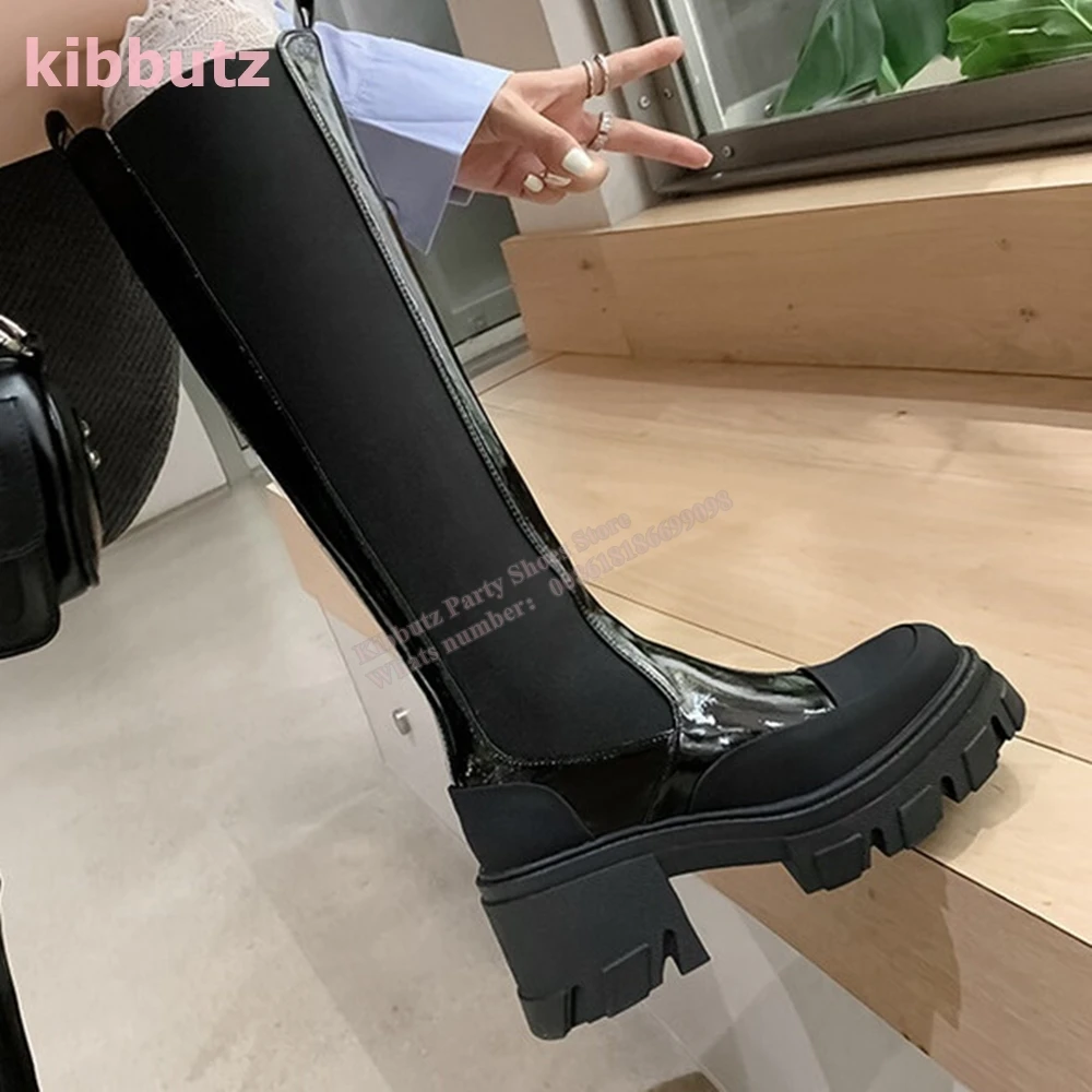 Patchwork Knee High Motorcycle Boots Genuine Leather Round Toe Thick Bottom Slip-On Fashion Sexy Rock Concise Hot Girl Shoes New