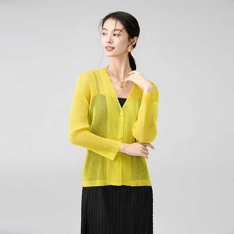 Miyake  Single-breasted Jacket 2025 Spring New Temperament Mesh Long-sleeved Cardigan V-neck Loose Casual Versatile Sunwear