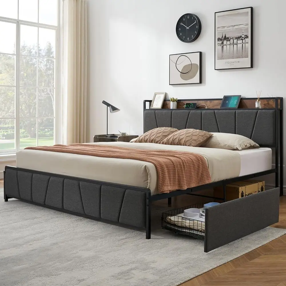 

Gray King Size Linen Bed with Storage Drawers, Charging Station, Heavy Duty, Easy Assembly, No Box Spring Needed