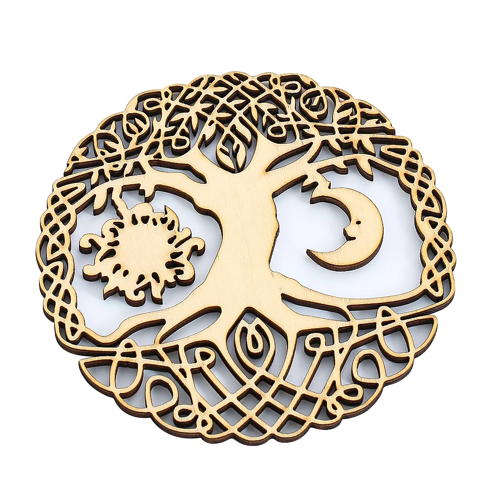 10cm Openwork Tree Of Life Kabbalah Sun Moon Wooden Coasters Mugs Cup Mats Tableware Energy Reiki Wiccan Astrology Props