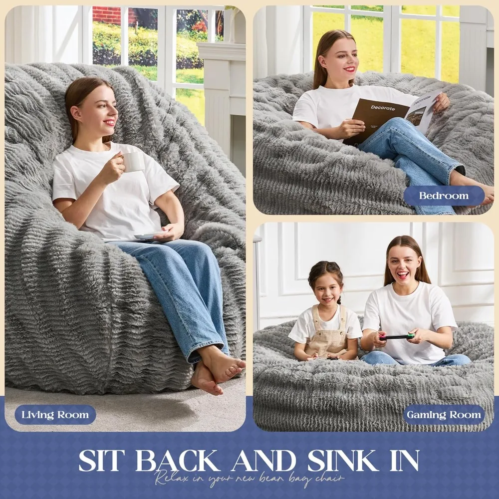 كرسي بين باج بغطاء مموج رقيق - كيس فول بحجم البالغين مع حشو للراحة والاسترخاء