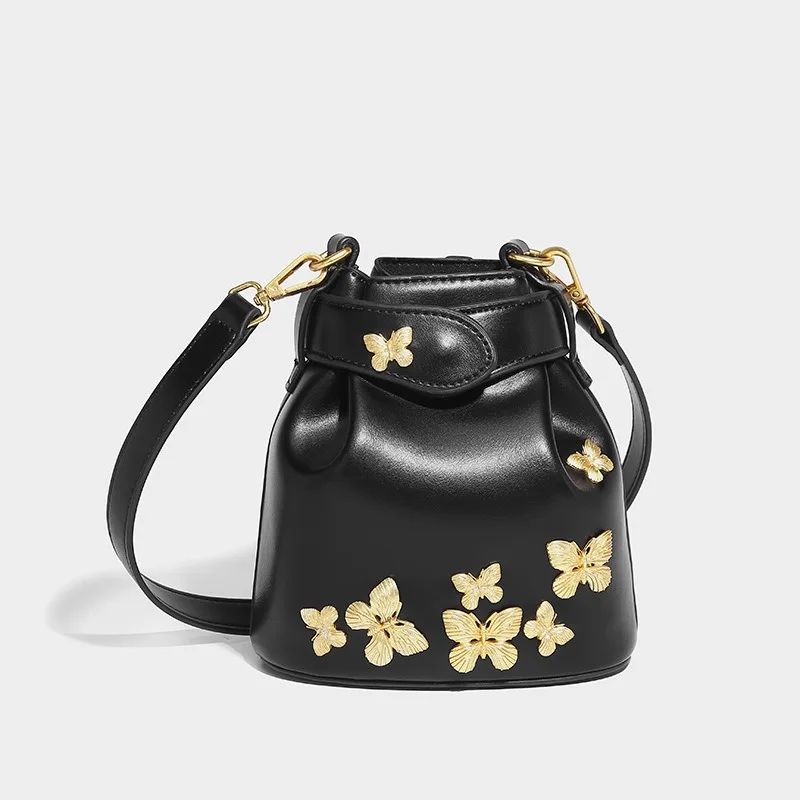 New Women's Bucket Bag Fashion Design Wax Leather Versatile Handbag High-end Butterfly Badge Crossbody Bags  сумка через плечо